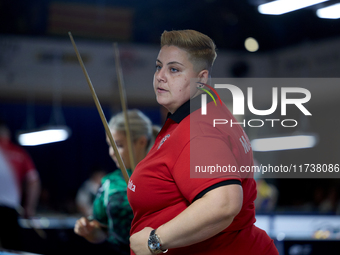 Donna Bugeja from the Malta Blackball ladies national team gestures during the inaugural IBF World Blackball Championships Malta 2024 at the...