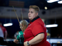 Donna Bugeja from the Malta Blackball ladies national team gestures during the inaugural IBF World Blackball Championships Malta 2024 at the...