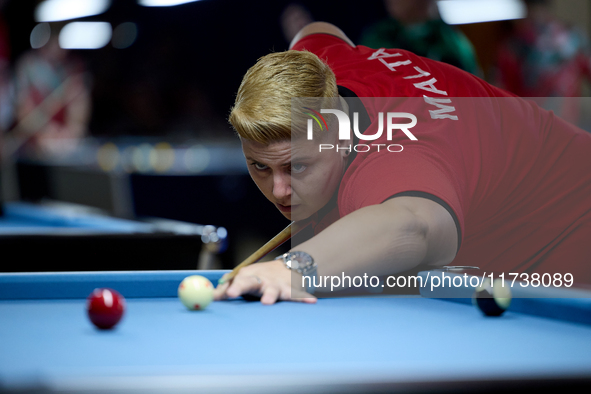 In Qawra, Malta, on November 2, 2024, Donna Bugeja from the Malta Blackball ladies national team performs during the inaugural IBF World Bla...