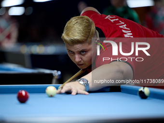 In Qawra, Malta, on November 2, 2024, Donna Bugeja from the Malta Blackball ladies national team performs during the inaugural IBF World Bla...