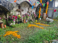 Graves are decorated with marigold flowers at Cemetery del Carmen, in the community of San Miguel Tzinacapan, during the Mexican Day of the...