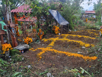 Graves are decorated with marigold flowers at Cemetery del Carmen, in the community of San Miguel Tzinacapan, during the Mexican Day of the...