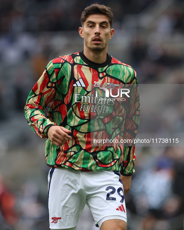 Kai Havertz warms up during the Premier League match between Newcastle United and Arsenal at St. James's Park in Newcastle, United Kingdom,...