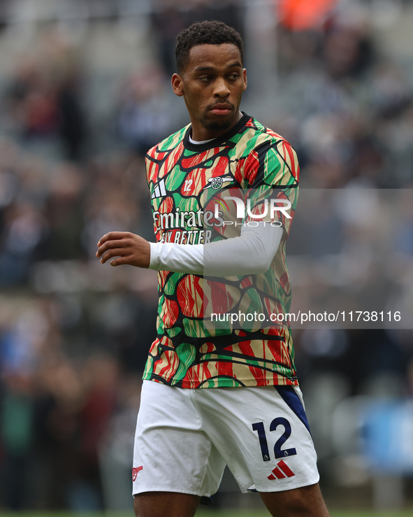 Jurrien Timber of Arsenal plays during the Premier League match between Newcastle United and Arsenal at St. James's Park in Newcastle, Unite...