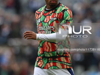 Jurrien Timber of Arsenal plays during the Premier League match between Newcastle United and Arsenal at St. James's Park in Newcastle, Unite...