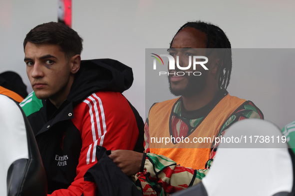 Raheem Sterling of Arsenal sits on the bench during the Premier League match between Newcastle United and Arsenal at St. James's Park in New...