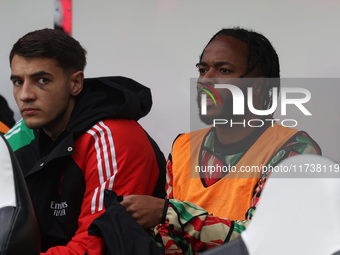 Raheem Sterling of Arsenal sits on the bench during the Premier League match between Newcastle United and Arsenal at St. James's Park in New...