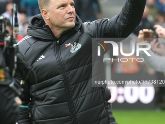 Newcastle United manager Eddie Howe is present during the Premier League match between Newcastle United and Arsenal at St. James's Park in N...