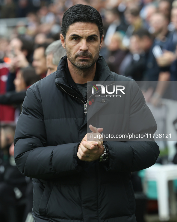 Arsenal manager Mikel Arteta is present during the Premier League match between Newcastle United and Arsenal at St. James's Park in Newcastl...