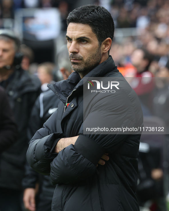 Arsenal manager Mikel Arteta is present during the Premier League match between Newcastle United and Arsenal at St. James's Park in Newcastl...