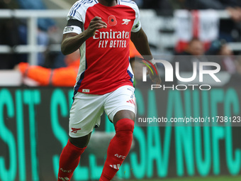 Bukayo Saka of Arsenal is in action during the Premier League match between Newcastle United and Arsenal at St. James's Park in Newcastle, U...