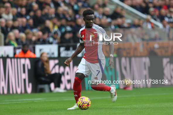 Bukayo Saka of Arsenal is in action during the Premier League match between Newcastle United and Arsenal at St. James's Park in Newcastle, U...