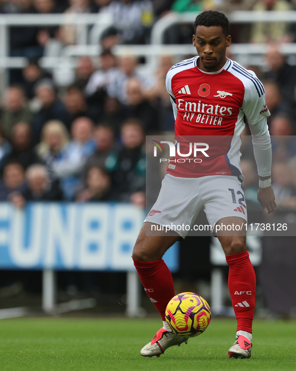 Jurrien Timber of Arsenal is in action during the Premier League match between Newcastle United and Arsenal at St. James's Park in Newcastle...