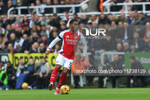 Jurrien Timber of Arsenal participates in the Premier League match between Newcastle United and Arsenal at St. James's Park in Newcastle, Un...