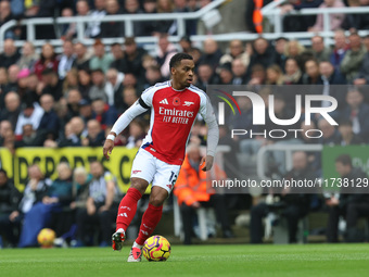 Jurrien Timber of Arsenal participates in the Premier League match between Newcastle United and Arsenal at St. James's Park in Newcastle, Un...