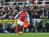 Jurrien Timber of Arsenal participates in the Premier League match between Newcastle United and Arsenal at St. James's Park in Newcastle, Un...