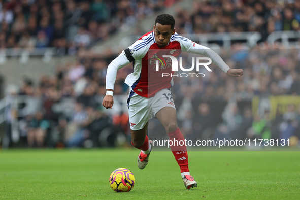 Jurrien Timber of Arsenal plays during the Premier League match between Newcastle United and Arsenal at St. James's Park in Newcastle, Unite...