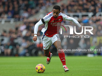 Jurrien Timber of Arsenal plays during the Premier League match between Newcastle United and Arsenal at St. James's Park in Newcastle, Unite...