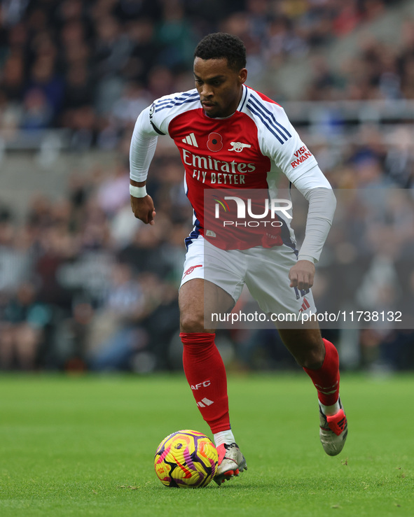 Jurrien Timber of Arsenal plays during the Premier League match between Newcastle United and Arsenal at St. James's Park in Newcastle, Unite...