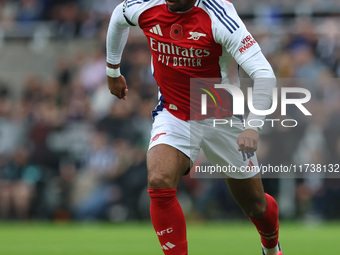 Jurrien Timber of Arsenal plays during the Premier League match between Newcastle United and Arsenal at St. James's Park in Newcastle, Unite...