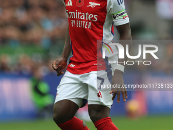 Bukayo Saka plays during the Premier League match between Newcastle United and Arsenal at St. James's Park in Newcastle, United Kingdom, on...