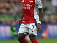 Bukayo Saka plays during the Premier League match between Newcastle United and Arsenal at St. James's Park in Newcastle, United Kingdom, on...