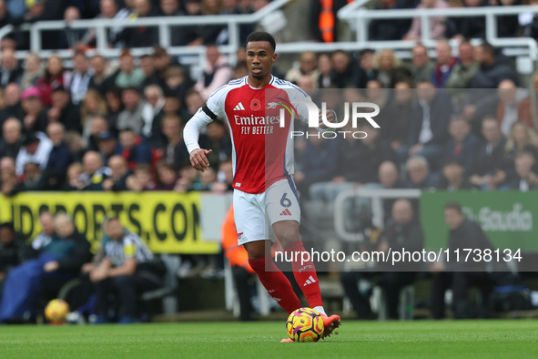 Arsenal's Gabriel is in action during the Premier League match between Newcastle United and Arsenal at St. James's Park in Newcastle, United...