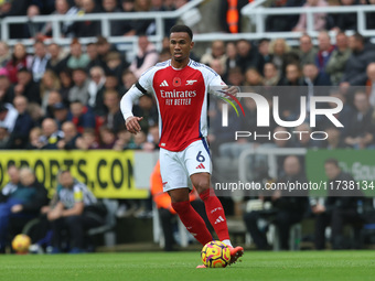 Arsenal's Gabriel is in action during the Premier League match between Newcastle United and Arsenal at St. James's Park in Newcastle, United...