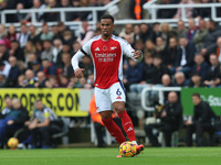 Arsenal's Gabriel is in action during the Premier League match between Newcastle United and Arsenal at St. James's Park in Newcastle, United...