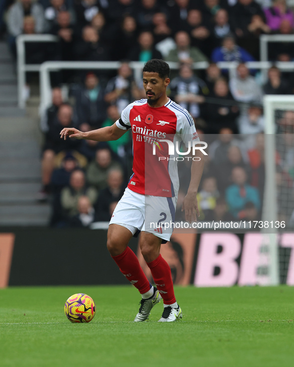 William Saliba plays during the Premier League match between Newcastle United and Arsenal at St. James's Park in Newcastle, United Kingdom,...