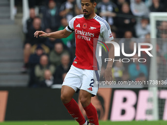 William Saliba plays during the Premier League match between Newcastle United and Arsenal at St. James's Park in Newcastle, United Kingdom,...