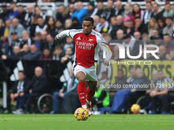 Arsenal's Jurrien Timber is in action during the Premier League match between Newcastle United and Arsenal at St. James's Park in Newcastle,...