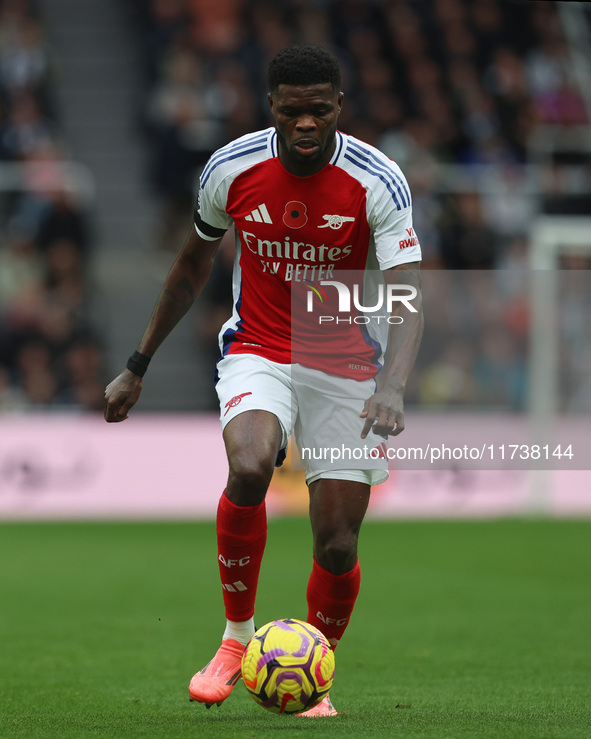 Thomas Partey of Arsenal plays during the Premier League match between Newcastle United and Arsenal at St. James's Park in Newcastle, United...