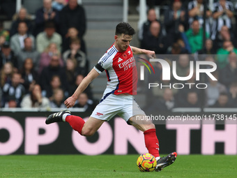 Declan Rice plays during the Premier League match between Newcastle United and Arsenal at St. James's Park in Newcastle, United Kingdom, on...