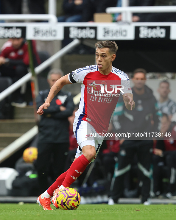 Leandro Trossard plays during the Premier League match between Newcastle United and Arsenal at St. James's Park in Newcastle, United Kingdom...