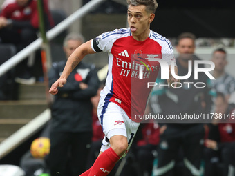 Leandro Trossard plays during the Premier League match between Newcastle United and Arsenal at St. James's Park in Newcastle, United Kingdom...