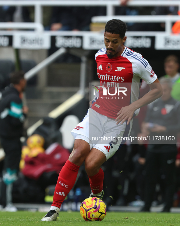 William Saliba plays during the Premier League match between Newcastle United and Arsenal at St. James's Park in Newcastle, United Kingdom,...