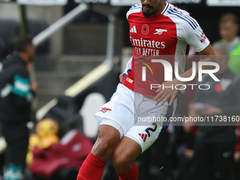 William Saliba plays during the Premier League match between Newcastle United and Arsenal at St. James's Park in Newcastle, United Kingdom,...