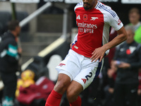 William Saliba plays during the Premier League match between Newcastle United and Arsenal at St. James's Park in Newcastle, United Kingdom,...