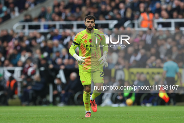 David Raya of Arsenal plays during the Premier League match between Newcastle United and Arsenal at St. James's Park in Newcastle, United Ki...