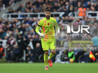 David Raya of Arsenal plays during the Premier League match between Newcastle United and Arsenal at St. James's Park in Newcastle, United Ki...