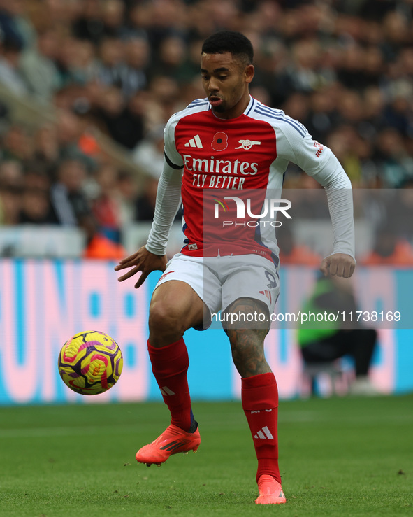 Gabriel Jesus plays during the Premier League match between Newcastle United and Arsenal at St. James's Park in Newcastle, United Kingdom, o...