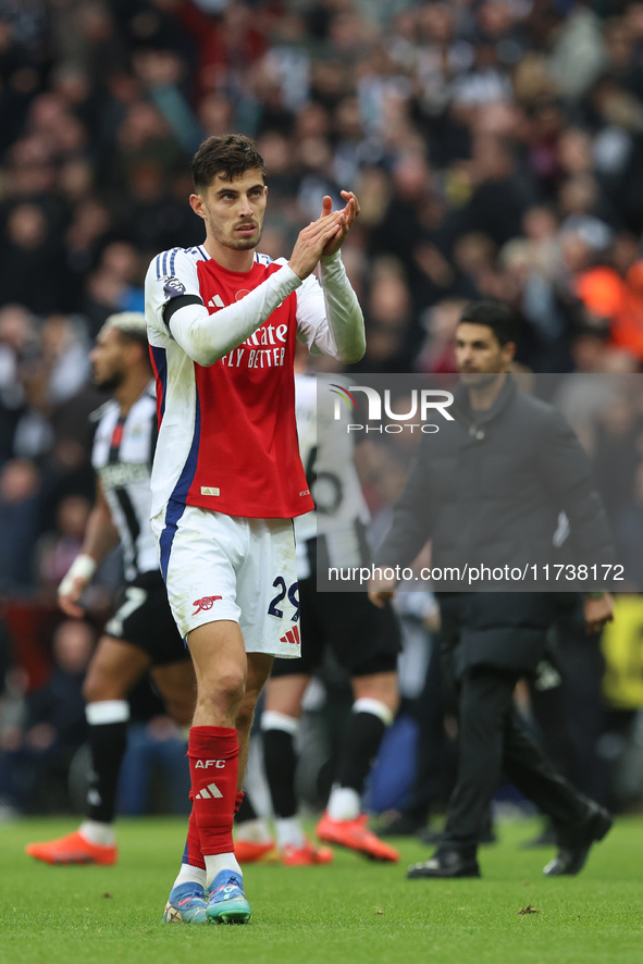 Arsenal's Kai Havertz applauds the traveling fans during the Premier League match between Newcastle United and Arsenal at St. James's Park i...