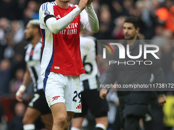 Arsenal's Kai Havertz applauds the traveling fans during the Premier League match between Newcastle United and Arsenal at St. James's Park i...