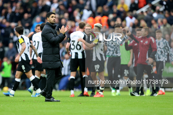 Arsenal manager Mikel Arteta applauds their traveling fans during the Premier League match between Newcastle United and Arsenal at St. James...