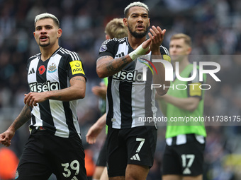 Bruno Guimaraes and Joelinton of Newcastle United applaud their fans after their 1-0 win during the Premier League match between Newcastle U...