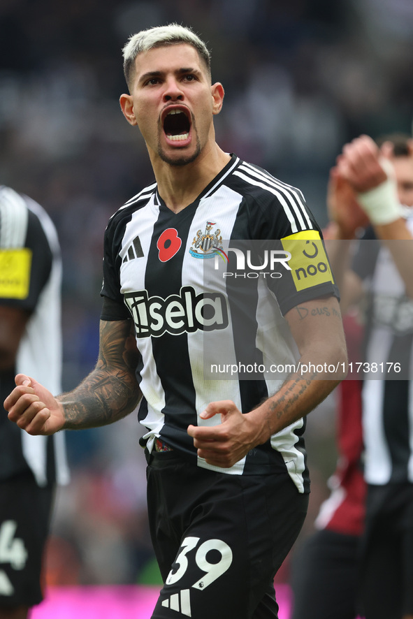 Bruno Guimaraes celebrates with Newcastle United fans after their 1-0 win during the Premier League match between Newcastle United and Arsen...