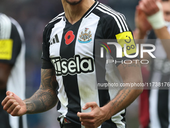 Bruno Guimaraes celebrates with Newcastle United fans after their 1-0 win during the Premier League match between Newcastle United and Arsen...