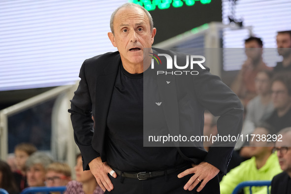 Ettore Messina is the head coach of EA7 Emporio Armani Milano during the match between Dolomiti Energia Trentino and EA7 Emporio Armani Mila...