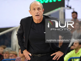 Ettore Messina is the head coach of EA7 Emporio Armani Milano during the match between Dolomiti Energia Trentino and EA7 Emporio Armani Mila...